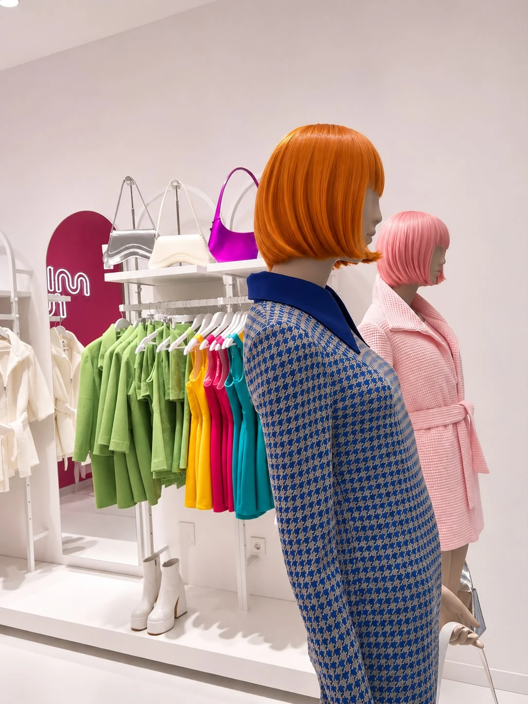 Dos maniquíes con peluca naranja y rosa junto a los percheros de colores