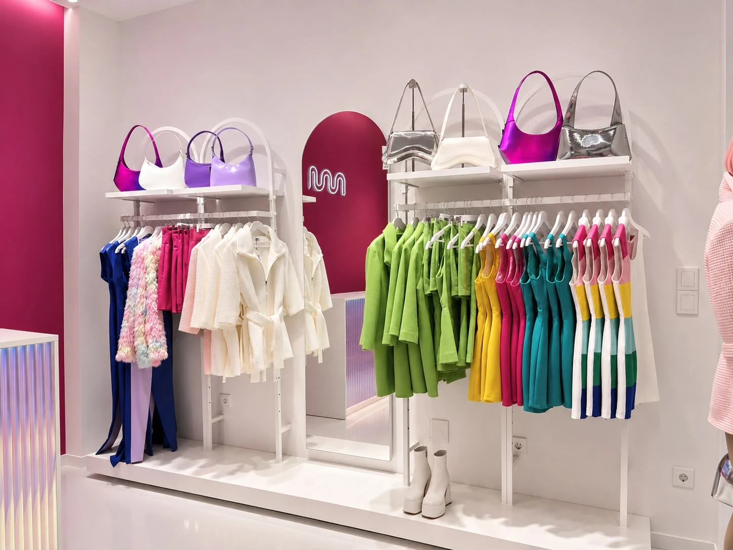 Percheros de la boutique con las prendas ordenadas por color y bolsos en las baldas